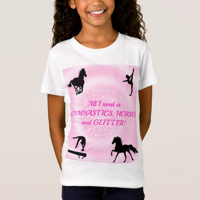 Girls Gymnastics, Horses, Glitter T-Shirt (Framsida)