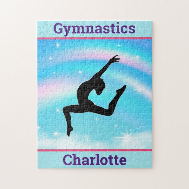 Girls Gymnastics Leap Rainbow Clouds Pussel (Vertikal)