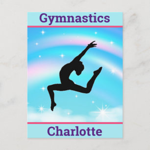 Girls Gymnastics Leap Rainbow Clouds Vykort