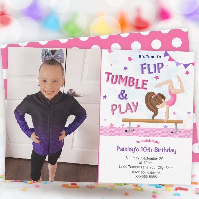 Girls Gymnastics Photo Födelsedagsfest inbjudan (Girls Gymnastics Photo Birthday Party Invitation)