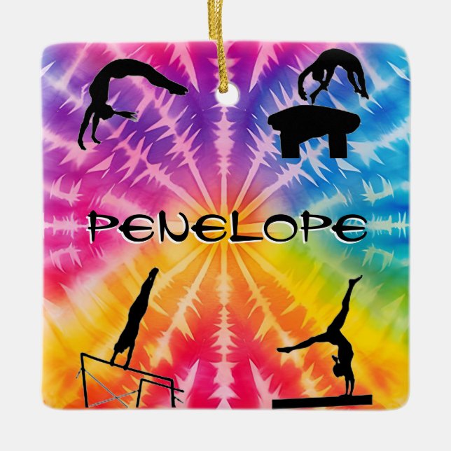 Girls Gymnastics Rainbow Tie-Dye Julgransprydnad Keramik (Framsida)