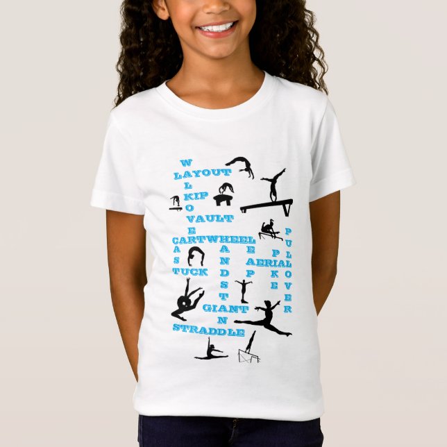 Girls Gymnastics Skills Blue Crosswords T-Shirt (Framsida)