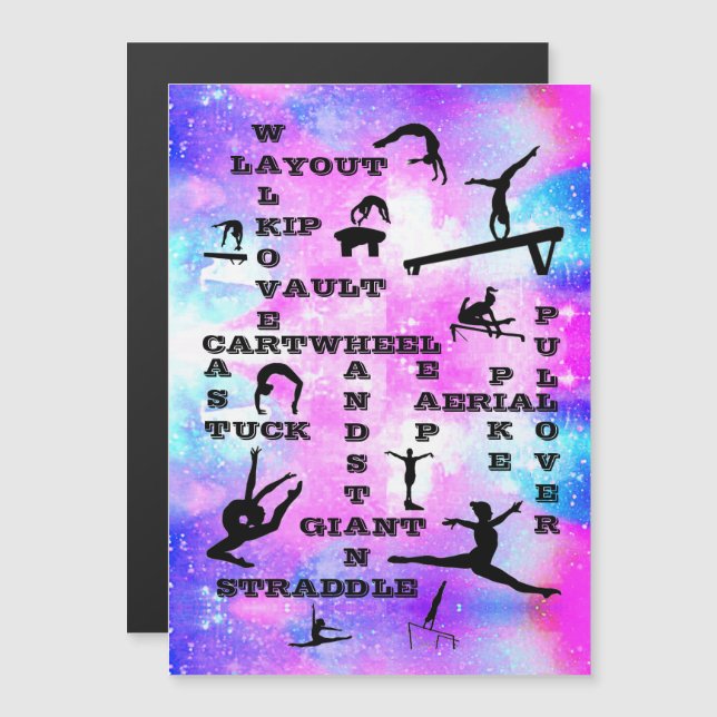 Girls Gymnastics Skills Crossword Magnetic Card (Fram/baksida)