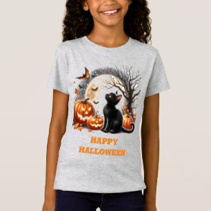 Girls Halloween Black Cat Grått Crewnacken T-Shirt