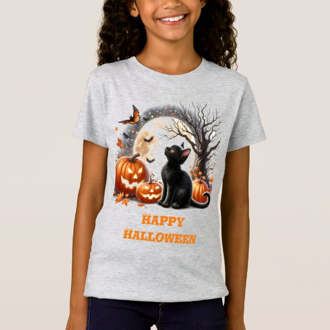 Girls Halloween Black Cat Grått Crewnacken T-Shirt (Framsida)