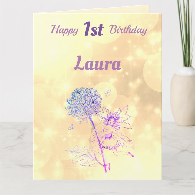 Girls Happy 1st Birthday Fairy Greeting Kort (Framsida)