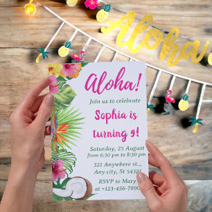Girls Hawaiian Luau Party, Aloha Tropical Birthday Inbjudningar
