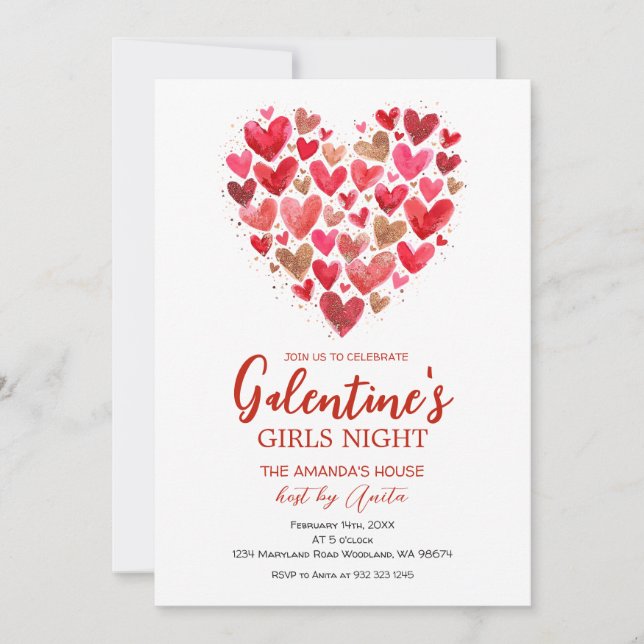 Girls hearts Galentine’s Night Party Valentine Inbjudningar (Framsida)