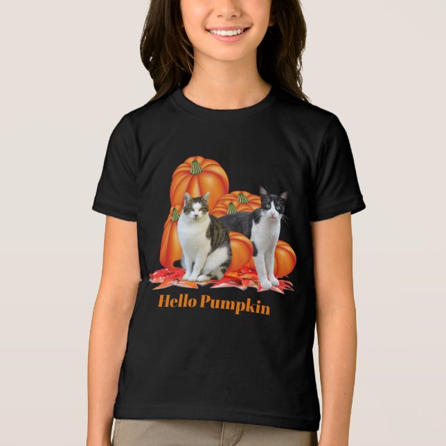 Girls Hej Pumpkin Fall Stil med Cats Grått T Shirt (Framsida)