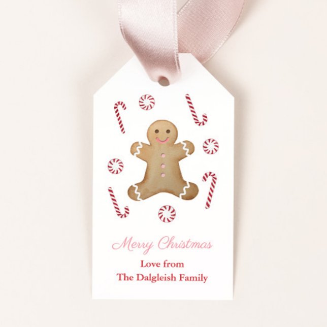 Girls Helgdagars Pepparkaksgubbe Peppermint Candy Presentetikett (Pink and red gingerbread man and peppermint candies merry christmas gift tags)