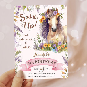 Girls Horse 4e födelsedagen Lila Blommigt Saddle U Inbjudningar