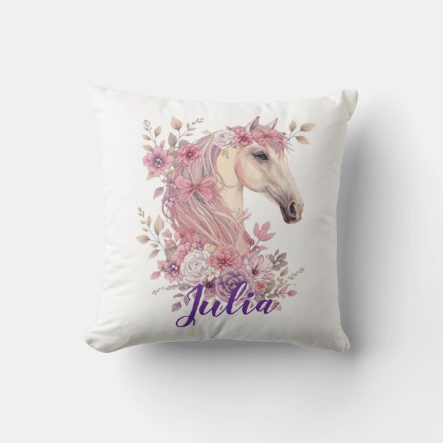 Girls Horse Pony Pastel Floral Throw Pillow Kudde (Framsida)