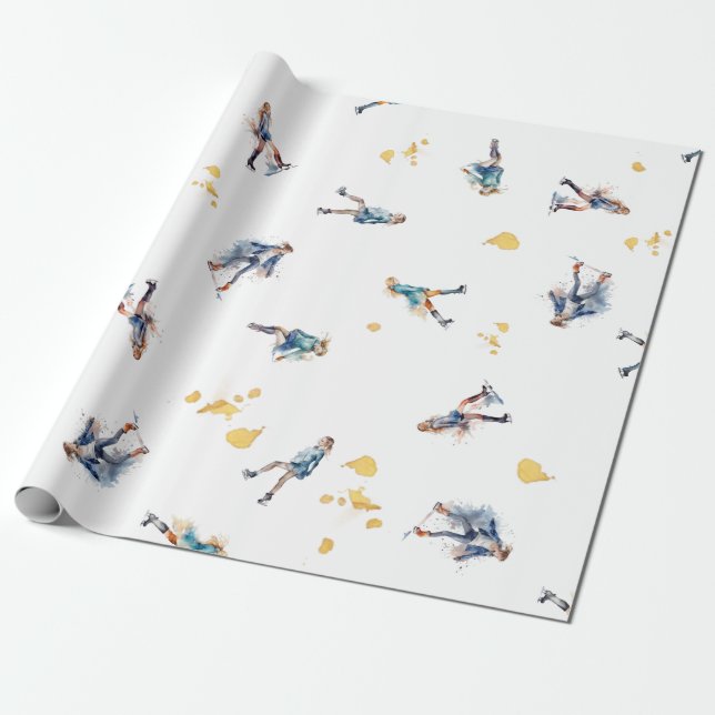 Girls Ice-Skating, Hockey Blue Guld Mönster Presentpapper (Utrullad)