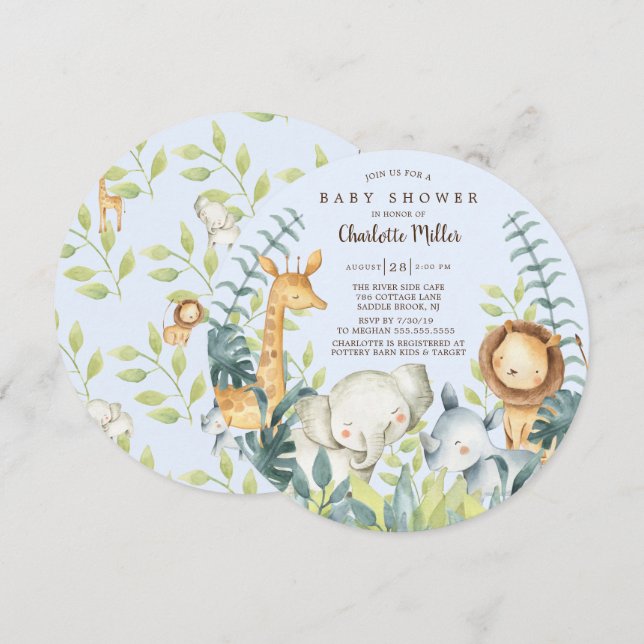 Girls Jungle Animals Boys Baby Shower Inbjudningar (Fram/baksida)