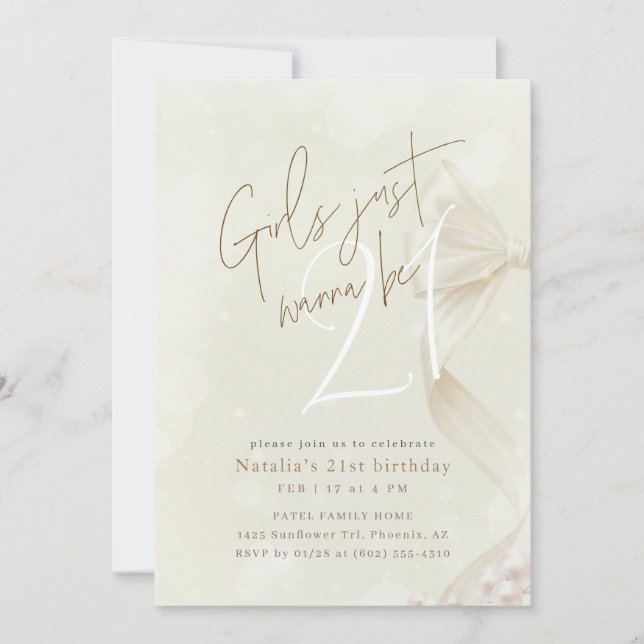 Girls Just Wanna Be 21 | Bow Coquette Birthday Inbjudningar (Framsida)