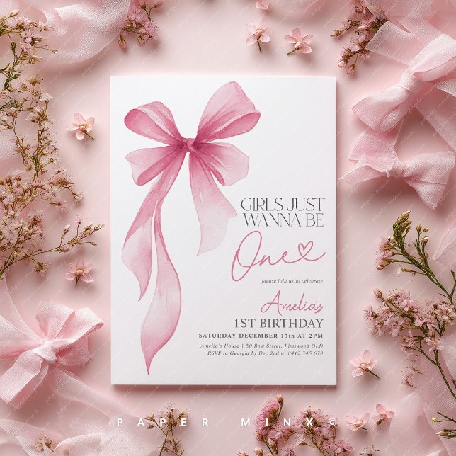 Girls just wanna be ONE! 1st Birthday Pink Bow Inbjudningar (Girl's just wanna be one! Pink Bow 1st birthday party invitation)