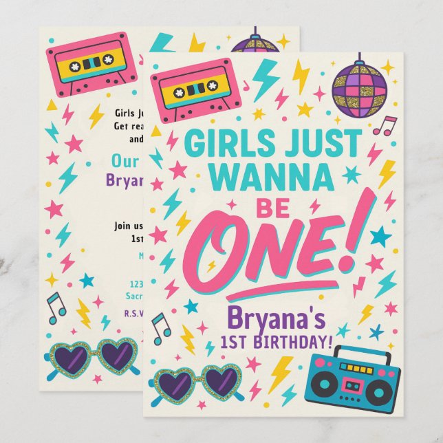 Girls just wanna be ONE Pop 1st Birthday Party Inbjudningar (Fram/baksida)