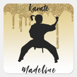Girls Karate Stance Guld Glitter Drip Ombre Fyrkantigt Klistermärke