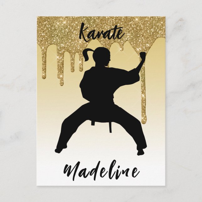 Girls Karate Stance Guld Glitter Drip Ombre Vykort (Framsida)
