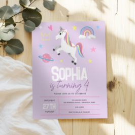 Girls Lila Girly Unicorn Kids 4e födelsedagen Inbjudningar