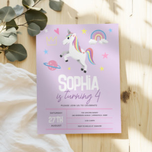 Girls Lila Girly Unicorn Kids 4e födelsedagen Inbjudningar