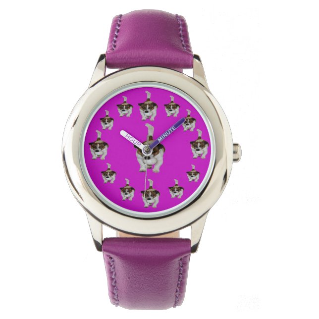 Girls Lila Leather Fox Terrier Mönster, Watch, Armbandsur (Framsida)