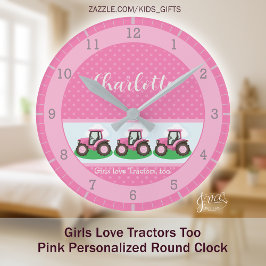 Girls Love Tractors Pink Personalized Farm Design Rund Klocka