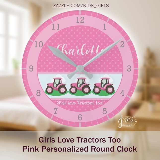 Girls Love Tractors Pink Personalized Farm Design Rund Klocka (Girls love tractors too with this cute pink farm design and personalized name detail)