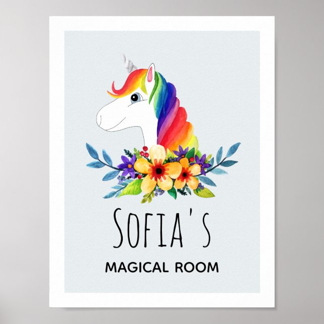 Girls Magic Rainbow Unicorn & Namn Kids Room Poster (Framsidan)