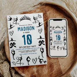 Girls Modern Black Gymnastics Kids 10th Birthday Inbjudningar