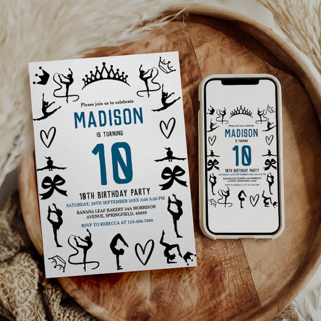 Girls Modern Black Gymnastics Kids 10th Birthday Inbjudningar (Girls Modern Black Gymnastics Kids 10th Birthday Invitation)