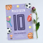 Girls Modern Lila Sports Barns födelsedag Inbjudningar<br><div class="desc">Den här söta och moderna idrottsrelaterade inbjudan från barns födelsedag har en lila utformning av idrottens tecknad, med basket, fotboll, fotboll, fotboll, tennisracket, trofi och stjärnor. Inbjudan kan vara personlig med dina flickor namn och andra detaljer som behövs för party. Perfekten sporttemat tillägg till ditt barns födelsedagsfest! Inbjudan är inställd...</div>