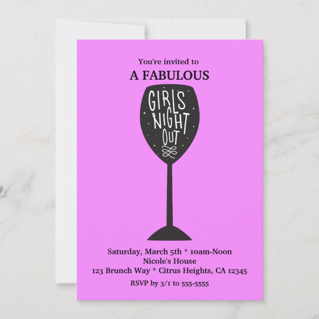GIRLS NATT UTE Vin Glass ANY FÄRG Party Inbjudningar (Framsida)