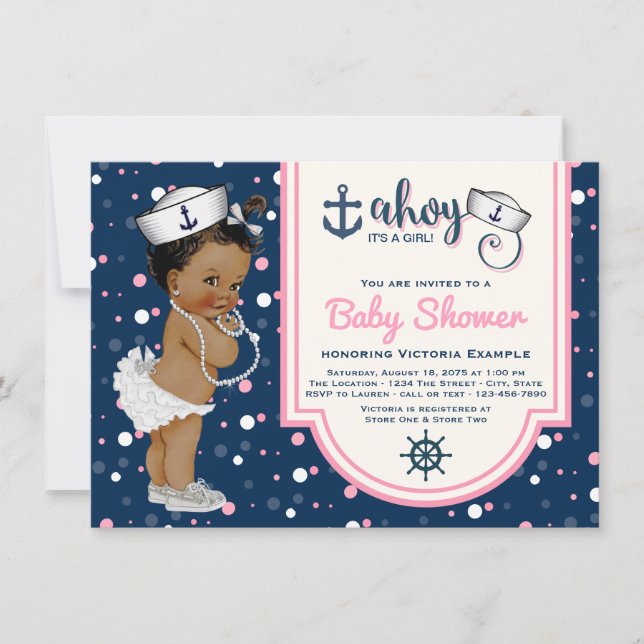Girls Nautical Baby Shower African American Inbjudningar (Framsida)