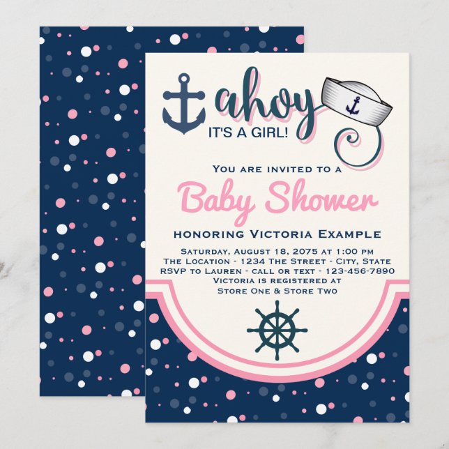 Girls Nautical Baby Shower Inbjudningar (Fram/baksida)