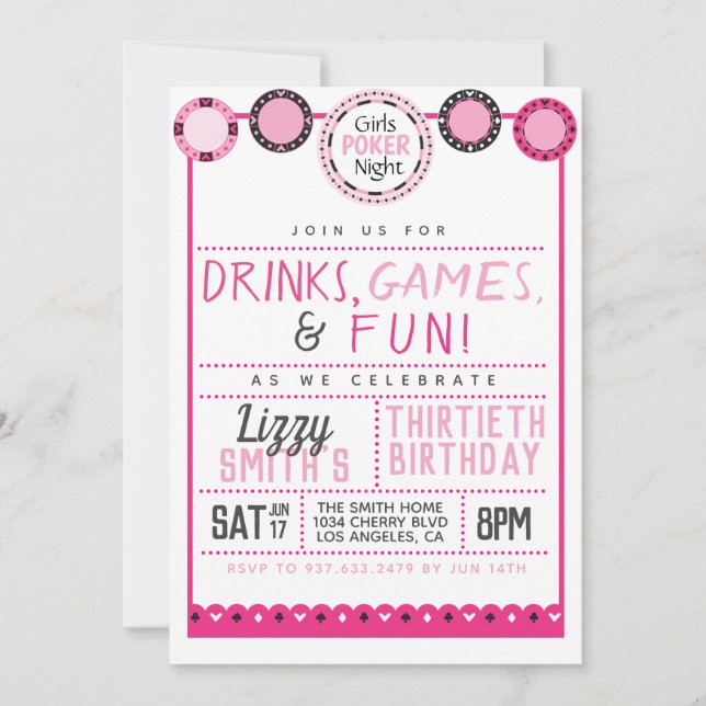 Girls Night Poker Birthday Inbjudningar (Framsida)