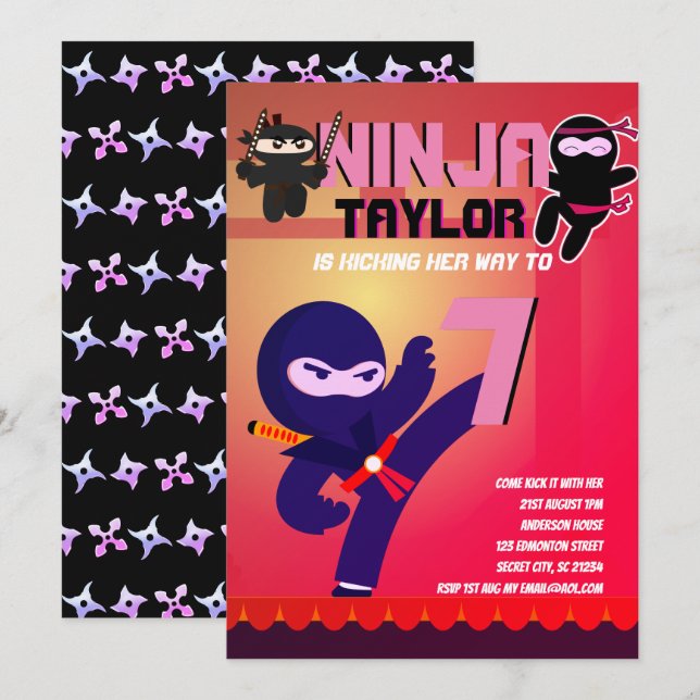 Girls NINJA MOVIE STAR WARRIOR Tecknad Party Inbjudningar (Fram/baksida)