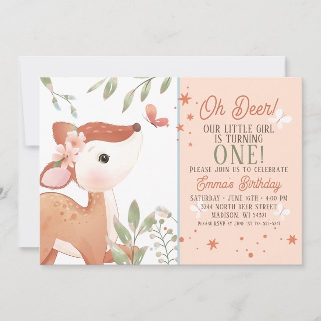 Girls Oh Hjort Födelsedagsfest inbjudan (Framsida)