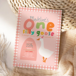 Girls One Silly Goose Pink Gingham First Birthday Inbjudningar