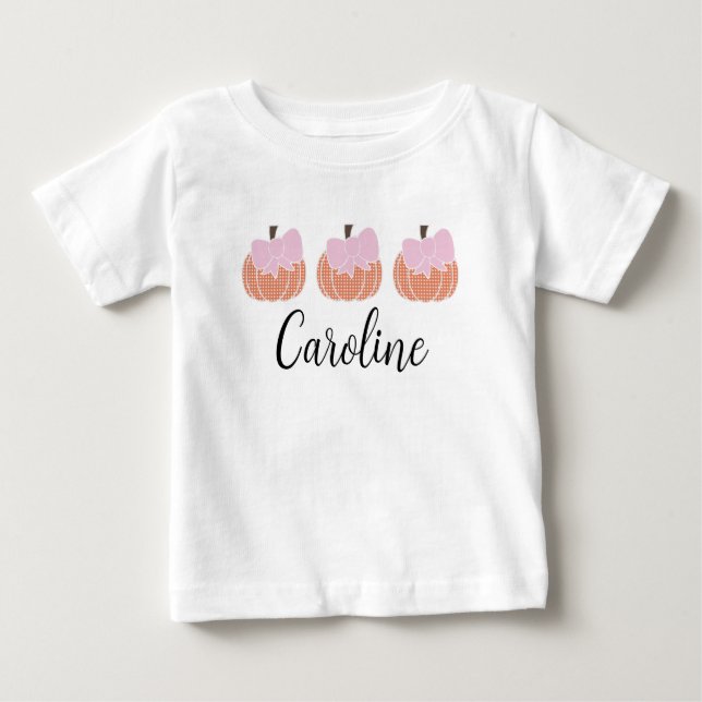 Girls Orange Gingham Pumpkin Trio med Rosa Bows T Shirt (Framsida)