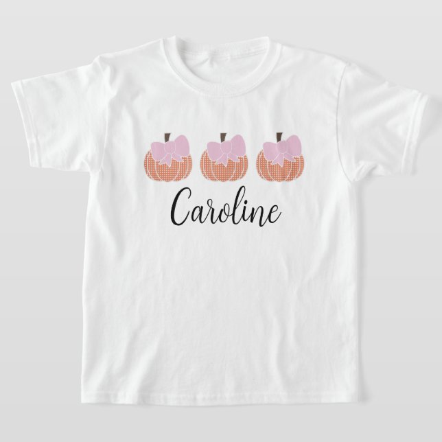 Girls Orange Gingham Pumpkin Trio med Rosa Bows T Shirt (Laydown)