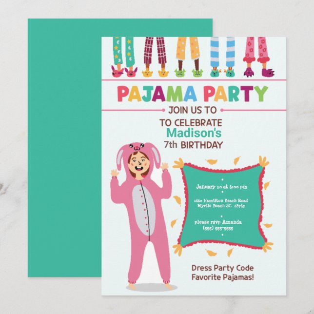 Girls Pajama Birthday Seepover Party Inbjudningar (Fram/baksida)