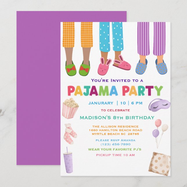 Girls Pajama Birthday Sleepover Party Inbjudningar (Fram/baksida)