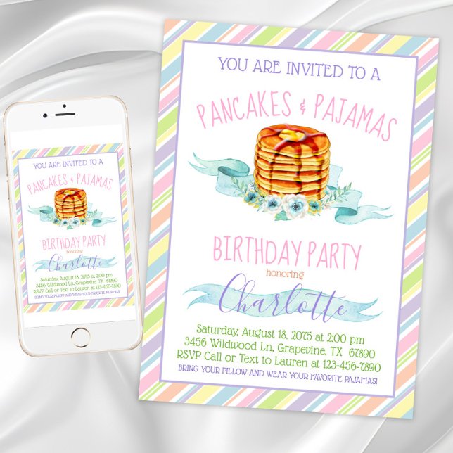 Girls Pancakes Pajama Födelsedagsfest Inbjudningar (Pancakes and pajamas party invitation. Instant download and printed invitations available.)