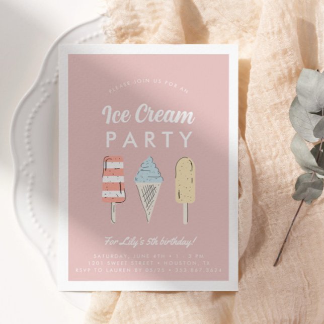 Girls Pastel Ice Cream, sommartid, Födelsedagsfest Inbjudningar (Skapare uppladdad)