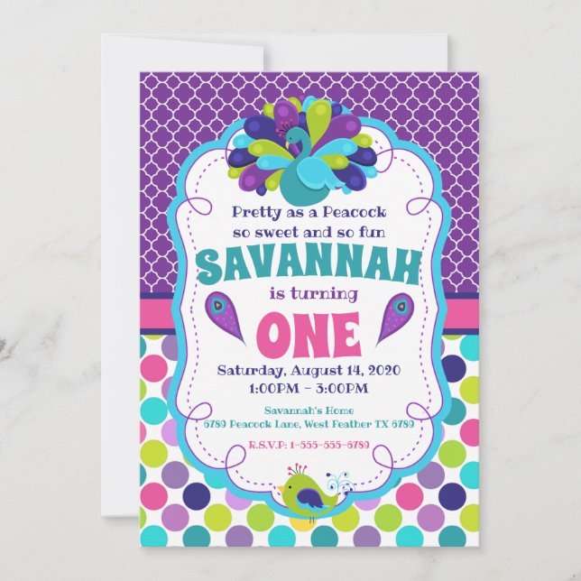 Girls Peacock Födelsedagsfest inbjudan (Framsida)