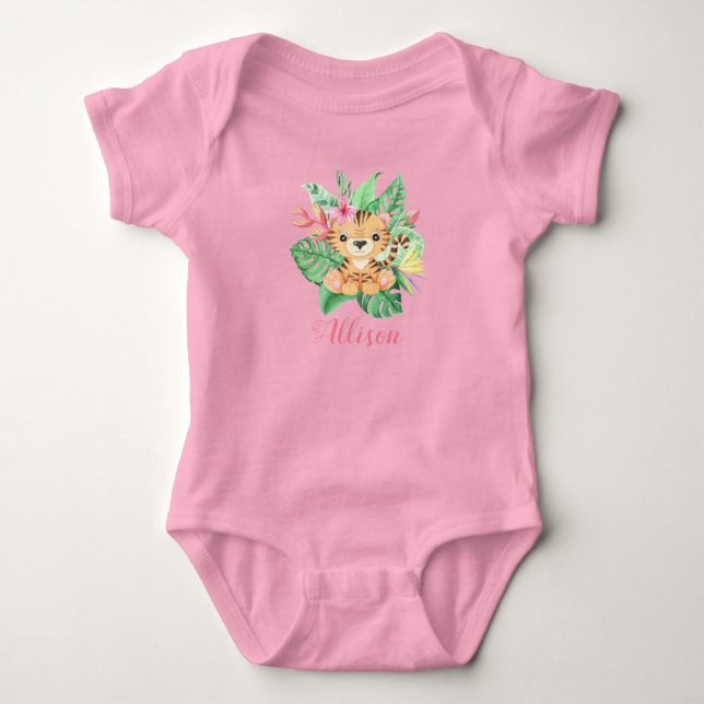 Girls Personlig Cute Tiger i Tropical Flowers T Shirt (Framsida)