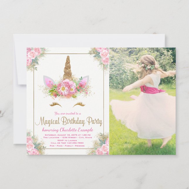 Girls Photo Unicorn Ansikte Födelsedagsfest inbjud Inbjudningar (Framsida)