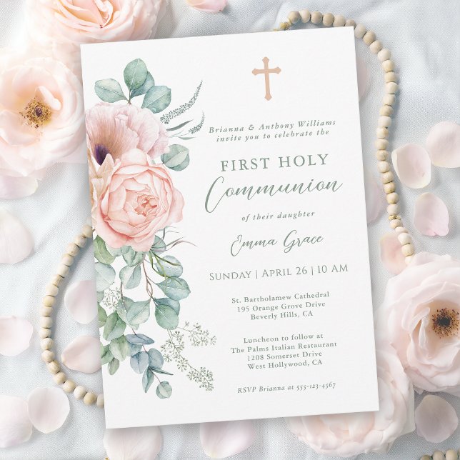 Girl's Pink and Sage Green Floral First Communion Inbjudningar (Available in both printed and instant download digital formats.)