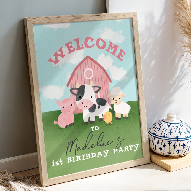 Girls Pink Barnyard Animal 1st Birthday Welcome  Poster (Skapare uppladdad)